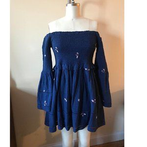 Free People Navy Smocked Bell Sleeve Dress